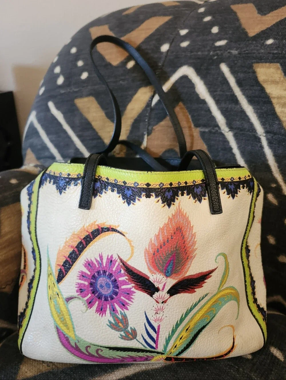 ETRO Italian Luxury Tote Bag Made In Milan, ULTRA Rare Pebbled Feather Boho 2017